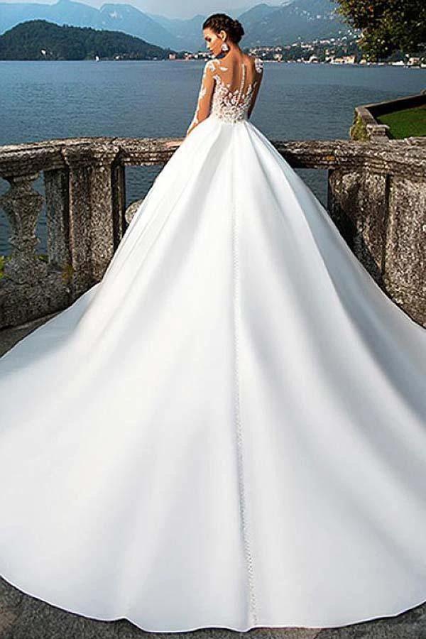 Satin Bateau Neckline A-Line Wedding Dresses With Lace Appliques (ZD16355) - View 2 | VelvetHem