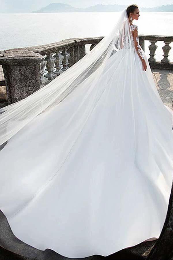 Satin Bateau Neckline A-Line Wedding Dresses With Lace Appliques (ZD16355)