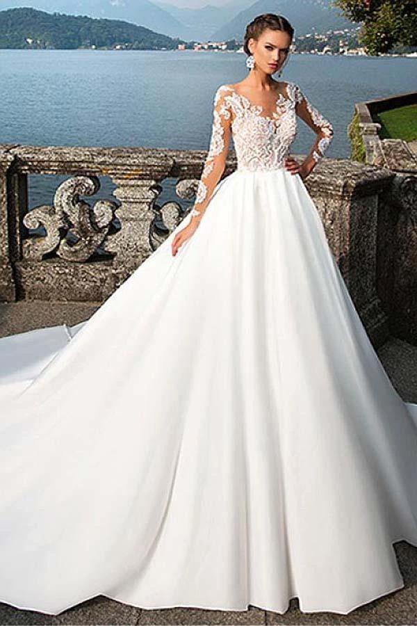 Satin Bateau Neckline A-Line Wedding Dresses With Lace Appliques (ZD16355)