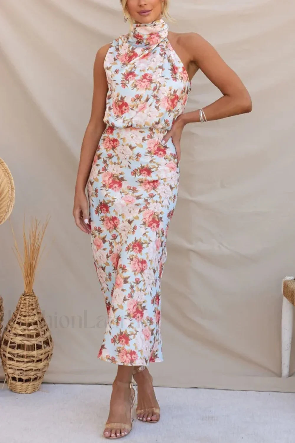 Satin Halter A Line Floral Dress Sky Blue Printing / S
