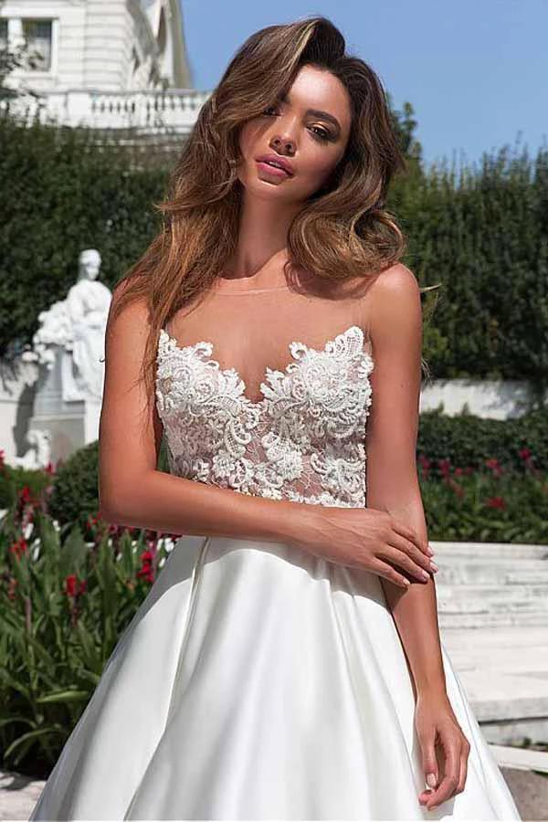 Satin Neckline A-line Wedding Dress With Pockets Lace Appliques (ZD16349)
