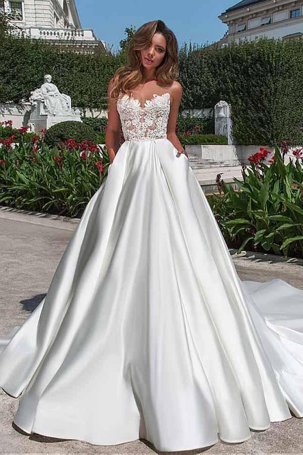 Satin Neckline A-line Wedding Dress With Pockets Lace Appliques (ZD16349)