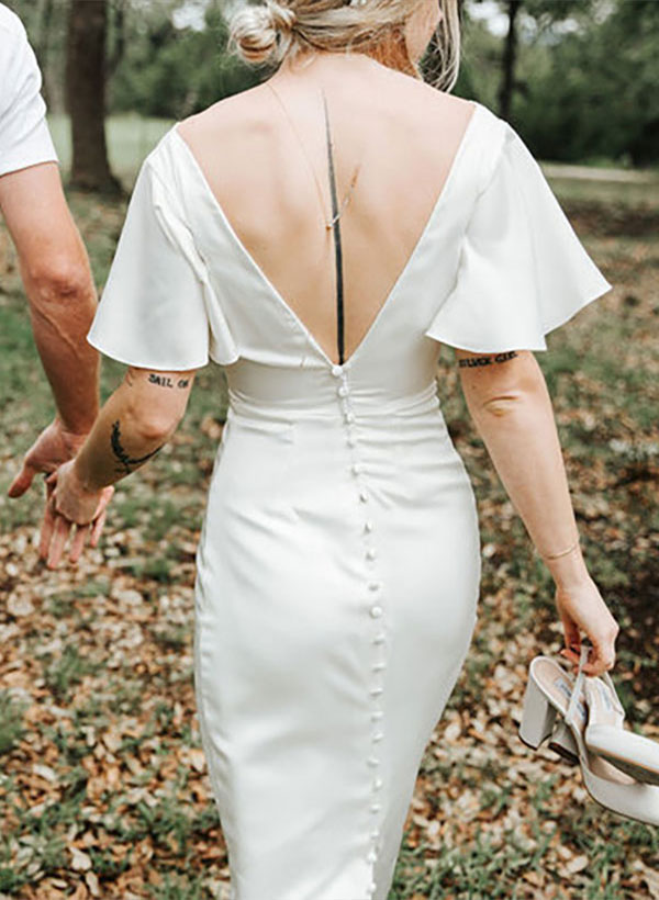 Satin V-Neck Sheath Wedding Dress Short Sleeves