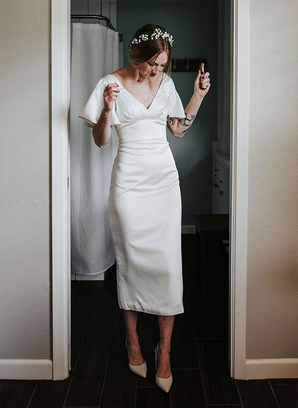 Satin V-Neck Sheath Wedding Dress Short Sleeves