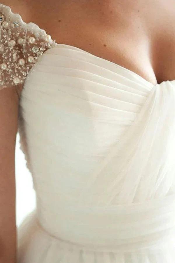 Scoop Cap Sleeves Sweep Train Beading Pleated Wedding Dress with Beading (ZD15436)