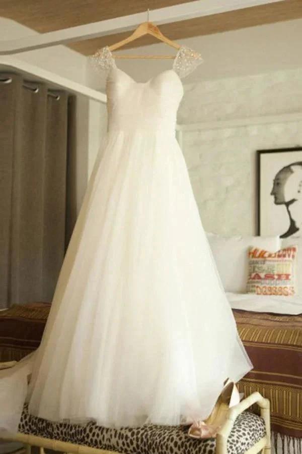 Scoop Cap Sleeves Sweep Train Beading Pleated Wedding Dress with Beading (ZD15436)
