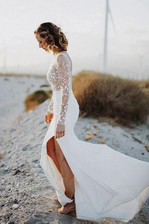 Scoop Neck Open Back Lace Long Sleeves Wedding Dresses with Split (ZD15300) - View 3 | VelvetHem