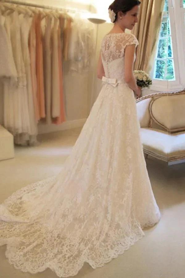 Scoop Neck Short Sleeve A-Line Lace Wedding Dress (ZD15434) - View 3 | VelvetHem