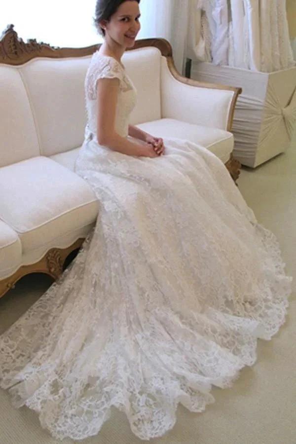 Scoop Neck Short Sleeve A-Line Lace Wedding Dress (ZD15434) - View 2 | VelvetHem