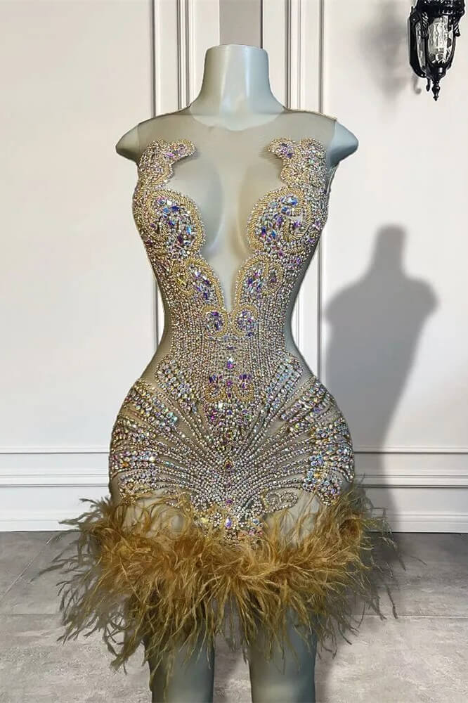 Scoop Sleeveless Short Prom Dresses With Crystal Beadings and Feathers