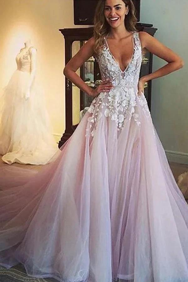 Scoop V-neck Long Wedding Dress/Prom Dress with Appliques (ZD16305)