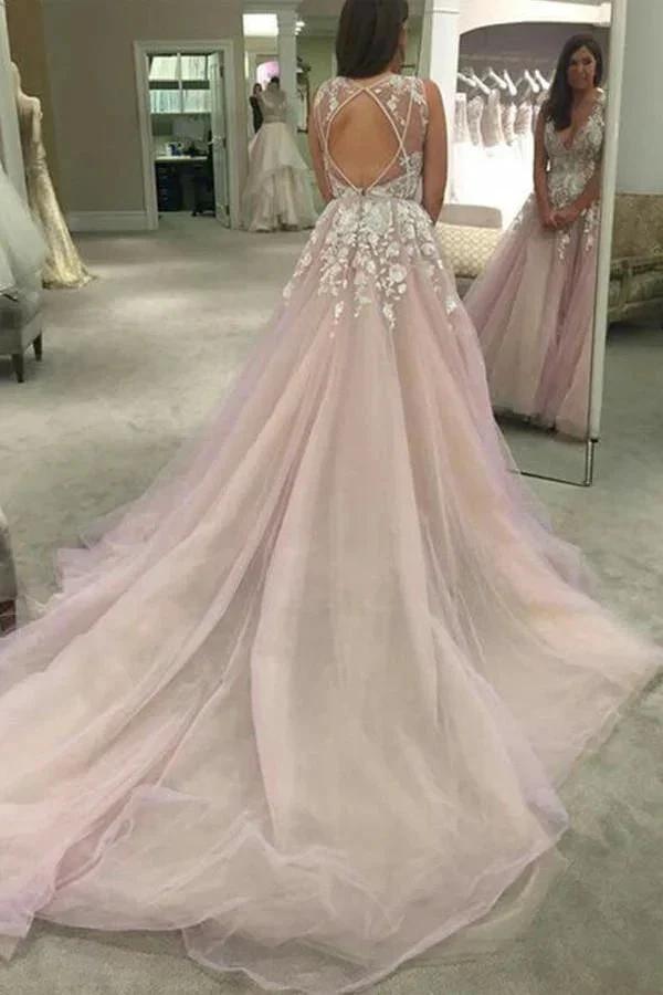 Scoop V-neck Long Wedding Dress/Prom Dress with Appliques (ZD16305)