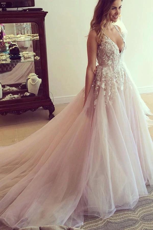 Scoop V-neck Long Wedding Dress/Prom Dress with Appliques (ZD16305)