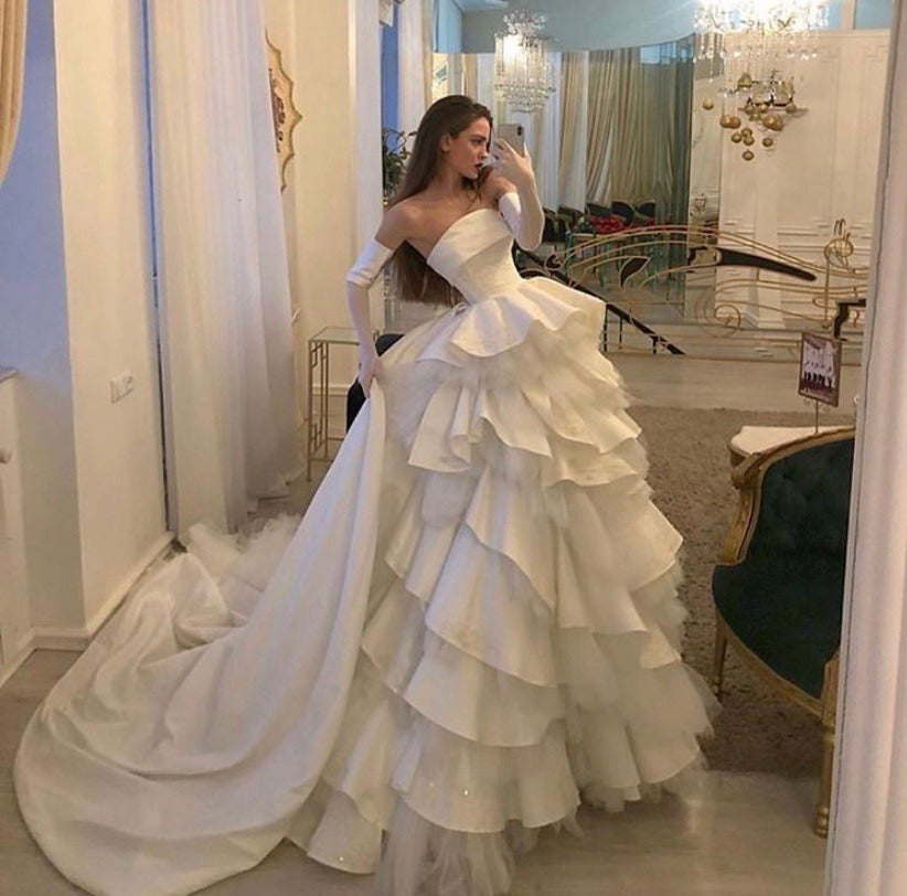 Charming A-Line Strapless White Long Wedding Gown with Ruffles Prom Dress - FashionDia