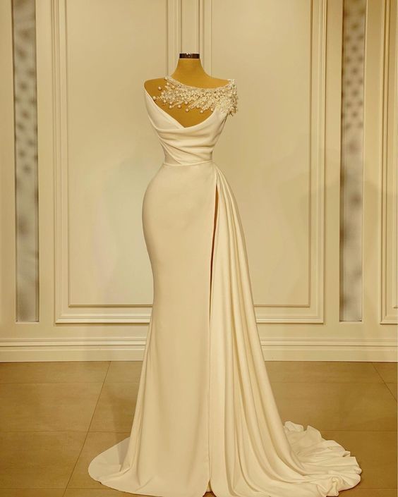 Wedding dress for woman off white Prom Dress Evening Dress Retro Simple Evening Dress Pearl Wedding Dress