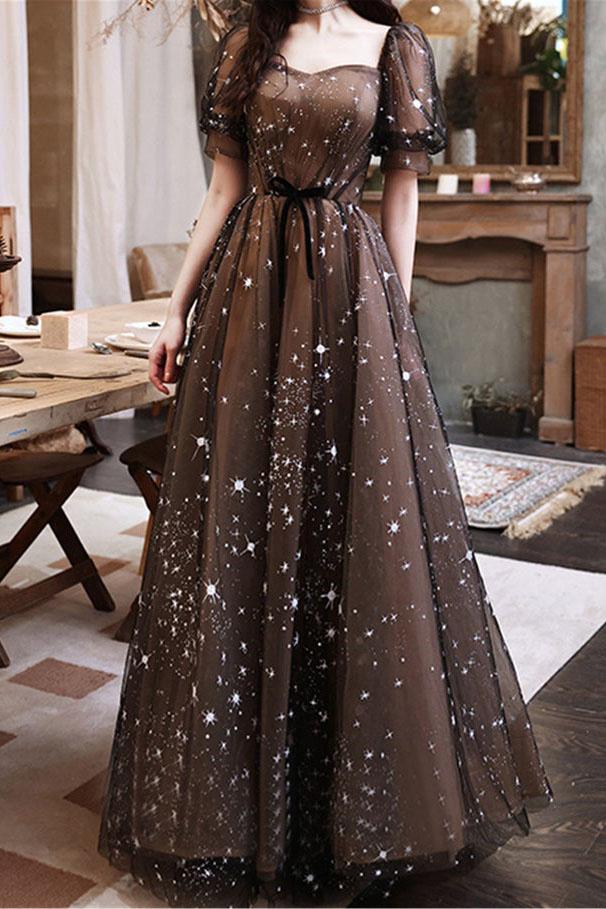 A-Line Sequin Short Sleeves Prom Dresses, Tulle Floor-Length Evening Dresses - FashionDia