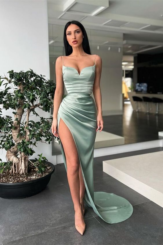 Dusty Sage Spaghetti-Straps Prom Dress Mermaid Long With Split - FashionDia