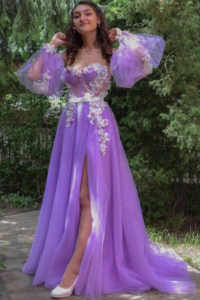 Lilac A-Line Long Sleeves Spaghetti Straps Prom Dresses with Side Slit, Appliques Dance Dress - FashionDia