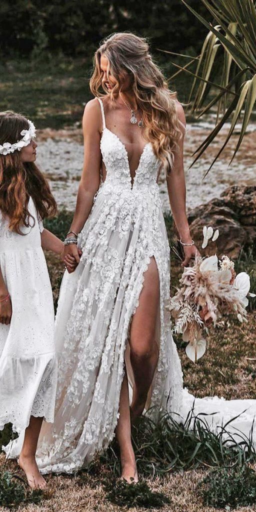 A-Line V-Neck Lace Prom Dress With Split - FashionDia