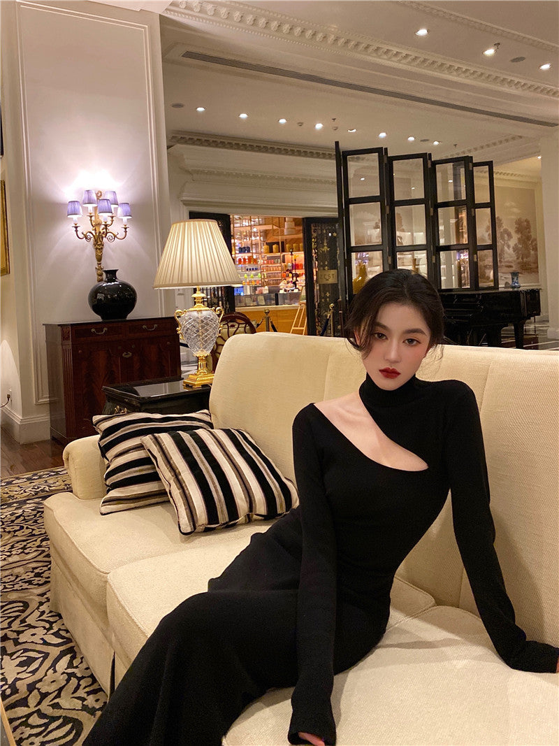 Black Sexy Off-the-Shoulder Dress Women Vintage Elegant Highneck All Match Long Sleeve Bodycon Dresses Femme Party Dress Black Prom Dress - FashionDia