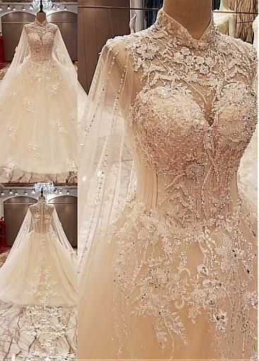 Delicate Tulle High Collar Ball Gown Wedding Dresses With Lace Appliques & Handmade Flower & Beadings