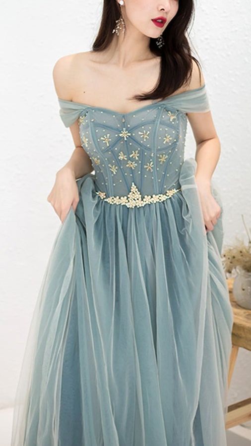 Dusty Blue Tulle Beaded Off-the-Shoulder Long Prom Dresses, Formal Dress - FashionDia