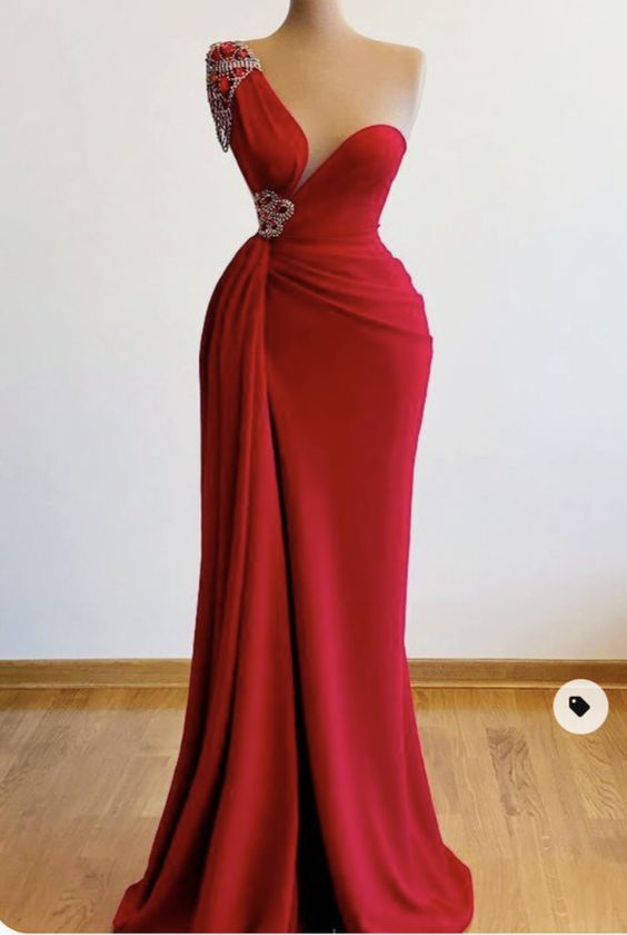 One-Shoulder Red Prom Dresses with Beading - FashionDia