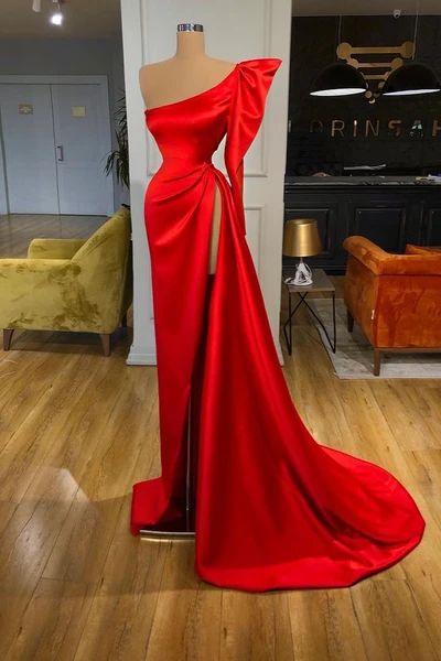 Bubble Sleeve One-Shoulder Red High-split Long Evening Dress - FashionDia