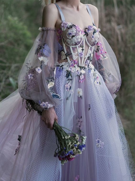 Elegant Dusty Lavender Floral Spaghetti Strap Sweetheart A-Line Tulle Long Prom Dress - FashionDia