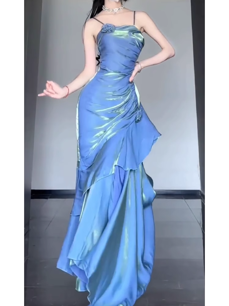 Retro Mermaid Spaghetti Straps Blue Ankle length Prom Dresses Birthday Outfits With Flower