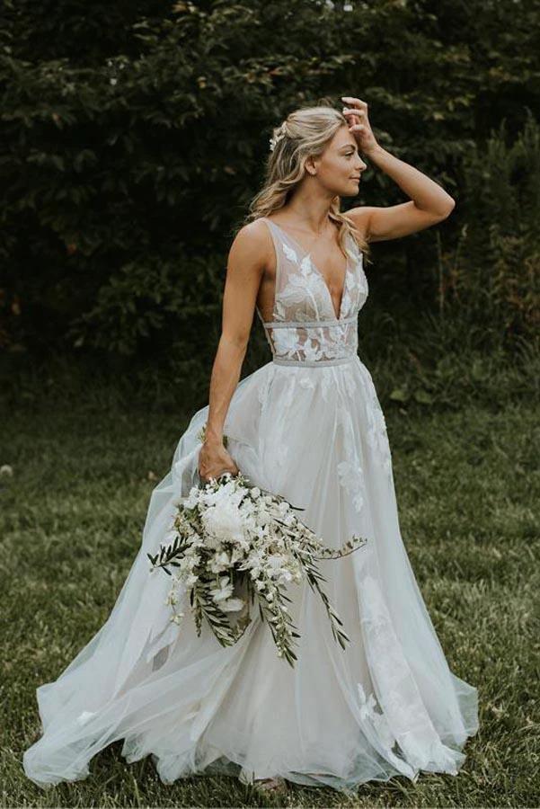 See Through Lace Ivory Tulle V-neck V-back Beach Wedding Dresses (ZD16363)