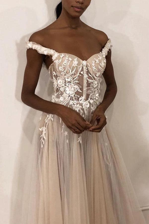 See-Through Off Shoulder Ivory Long Wedding Dress with Appliques (ZD15366)