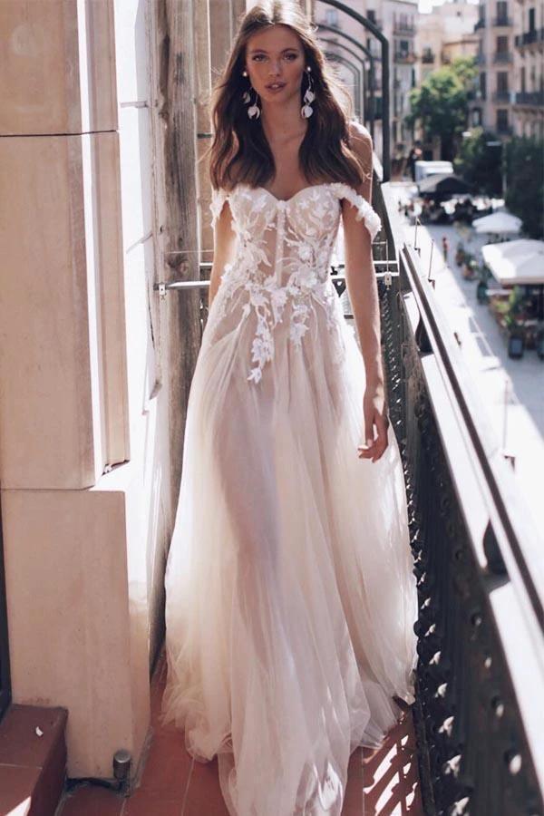 See-Through Off Shoulder Ivory Long Wedding Dress with Appliques (ZD15366)