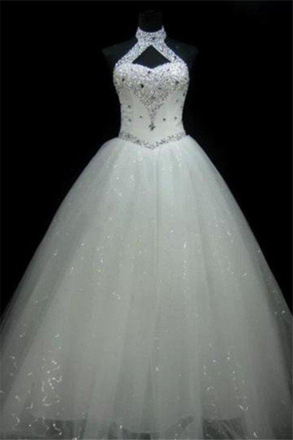 Sequin Ball Gown Sleeveless Floor-Length Beading Tulle Halter Wedding Dresses