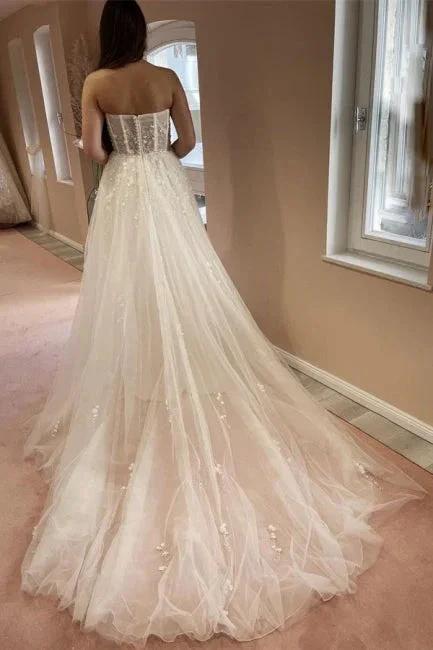 Sexy A-line Long Glitter Lace Sleeveless Wedding Dresses With Slit (ZD14918)