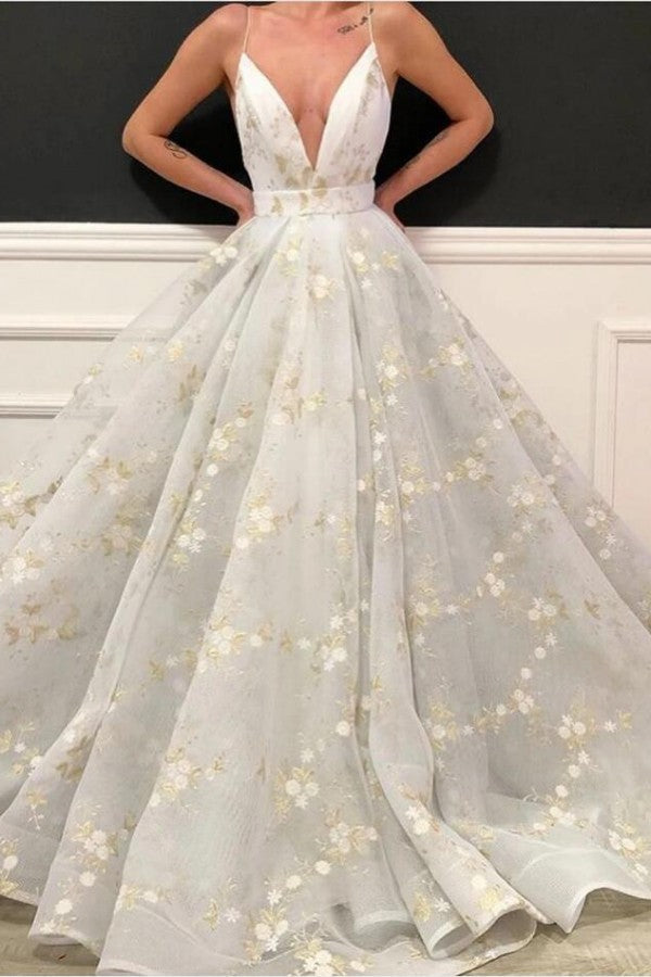 Sexy Ball Gown White Prom Dress Spaghetti Straps Long V-Neck