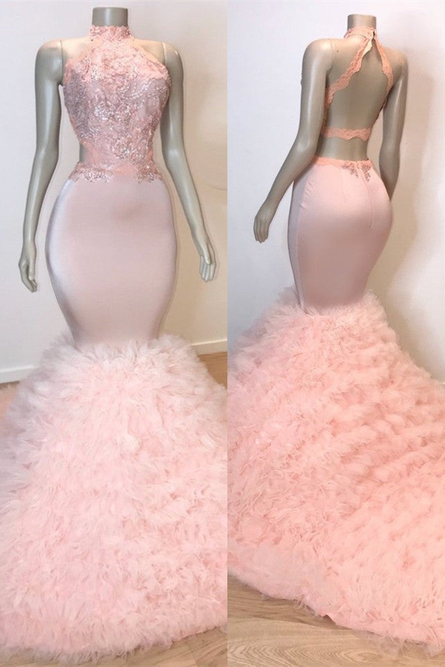 Sexy Chiffon High Collar Mermaid Prom Dress Sequins Pink Long