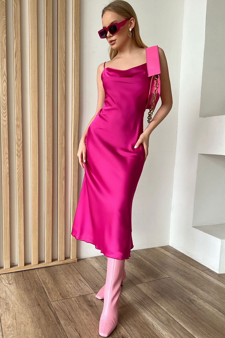Cowl Neck Spaghetti Strap Ruffle Summer Slip Midi Sundress - Hot Pink