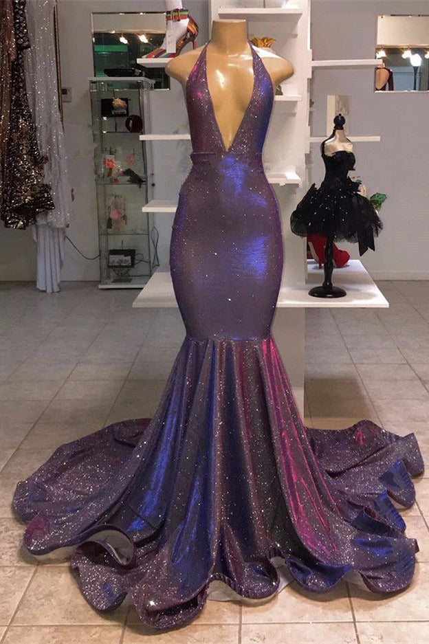 Sexy Deep V-Neck Chiffon Mermaid Prom Dress Sequins Long