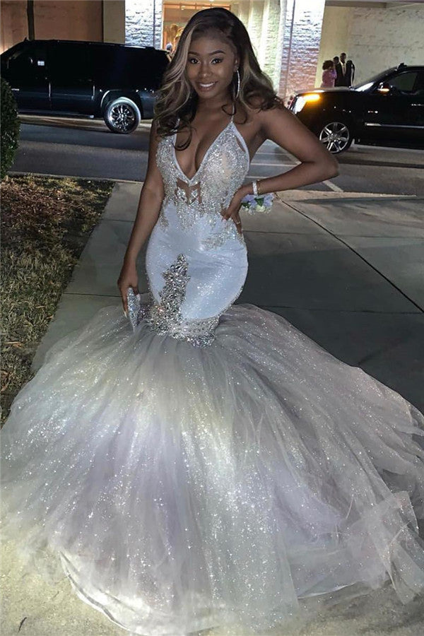 Sexy Deep V-Neck Tulle Mermaid Prom Dress Sequins Long With Spaghetti Straps