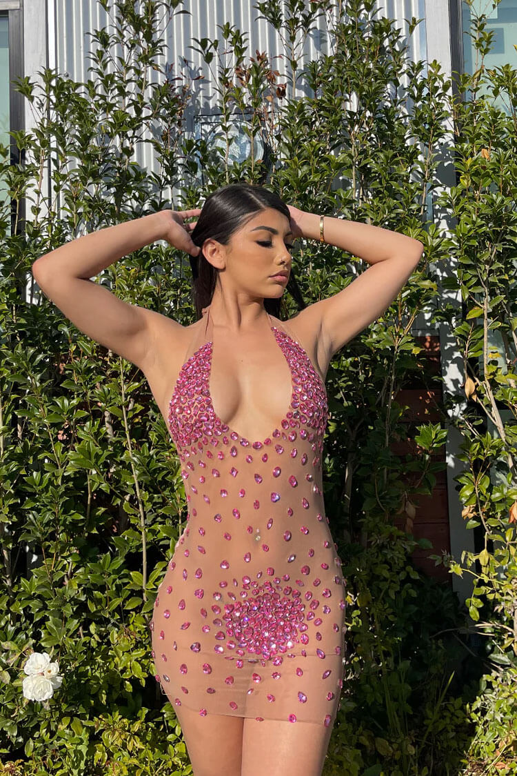 Backless Velvet Sheer Mesh Mini Dress with Rhinestones - Fashionpara