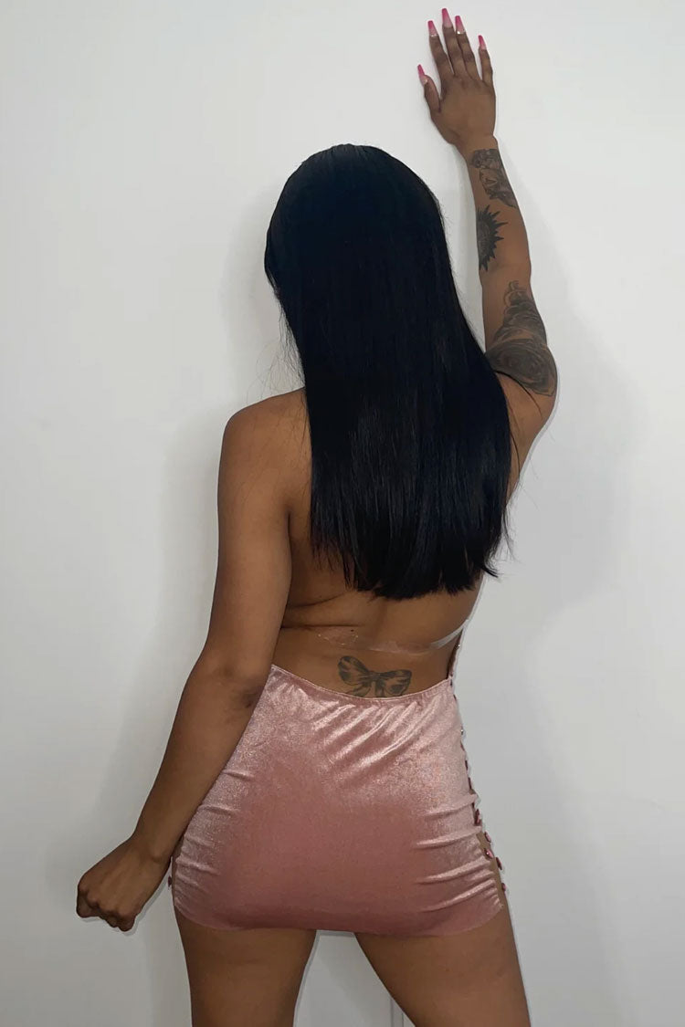 Backless Velvet Sheer Mesh Mini Dress with Rhinestones - Fashionpara