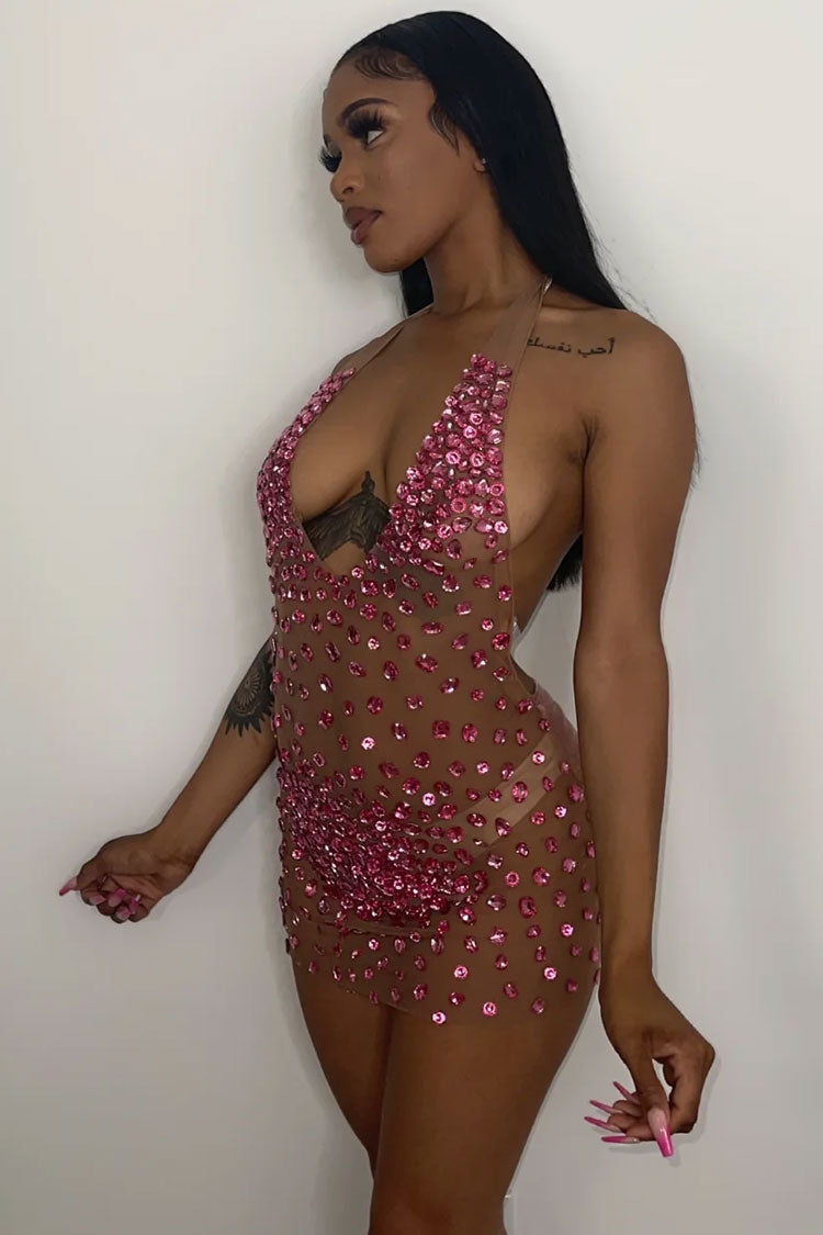 Backless Velvet Sheer Mesh Mini Dress with Rhinestones - Fashionpara