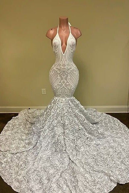 Sexy Hater Deep V-Neck Backless Ivory Prom Dress with Flowers Bottom