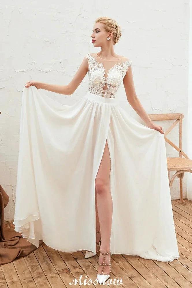 Sexy High Split Cap Sleeve Wedding Dress Sheer Back Ivory Lace Bridal Gown (ZD13978)