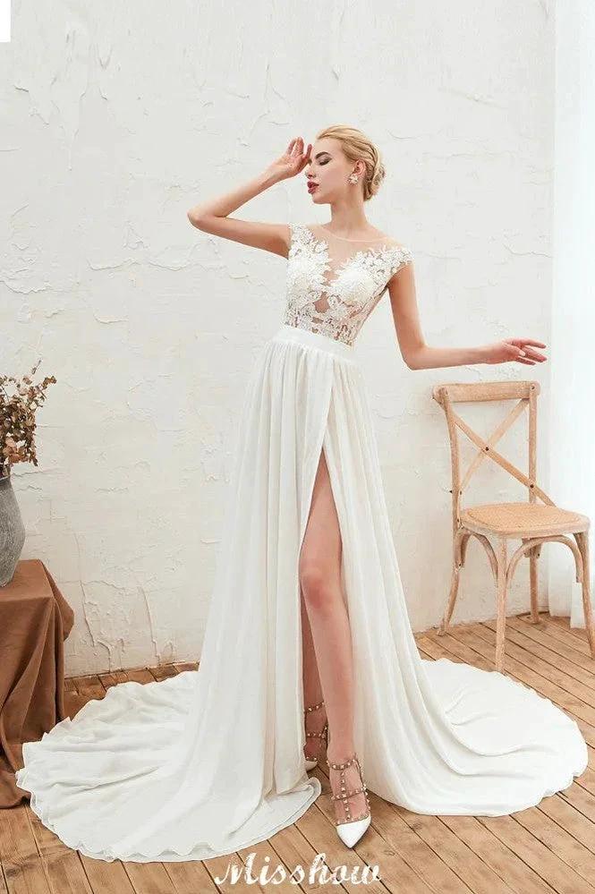 Sexy High Split Cap Sleeve Wedding Dress Sheer Back Ivory Lace Bridal Gown (ZD13978)