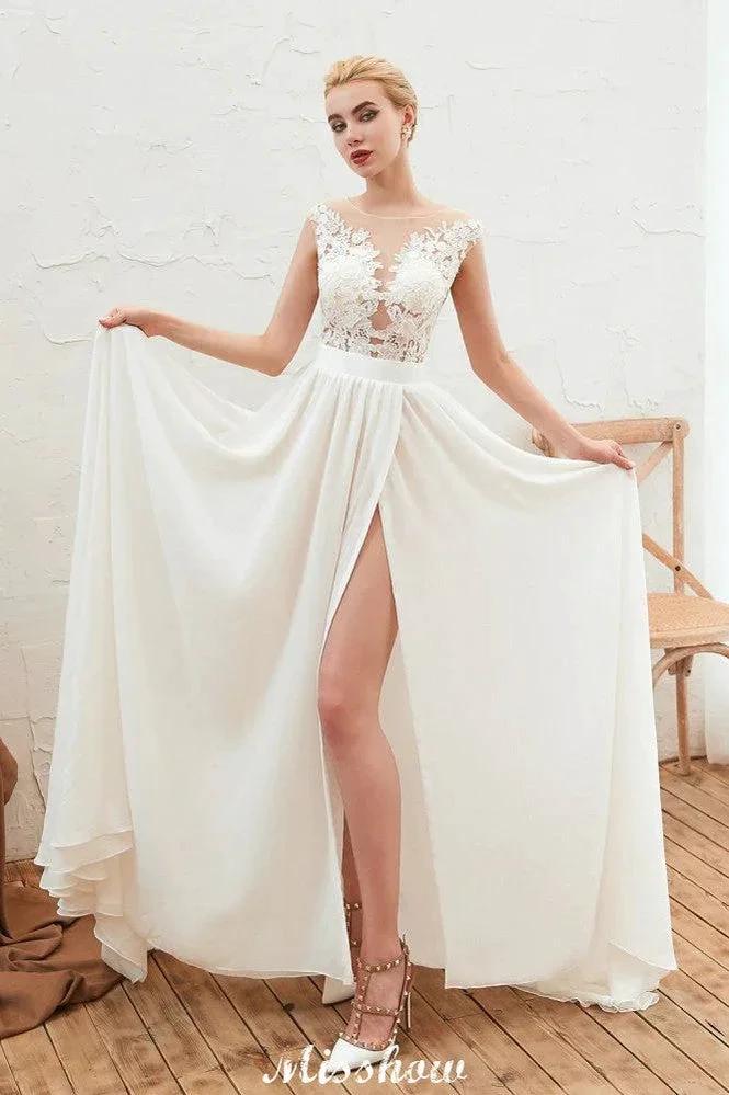 Sexy High Split Cap Sleeve Wedding Dress Sheer Back Ivory Lace Bridal Gown (ZD13978)