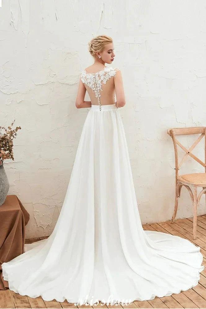 Sexy High Split Cap Sleeve Wedding Dress Sheer Back Ivory Lace Bridal Gown (ZD13978)