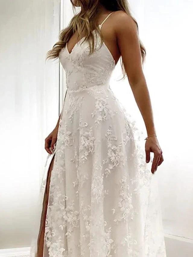 Sexy Long A-Line Spaghetti Strap Lace Backless Wedding Dresseswith Slit (ZD15966)