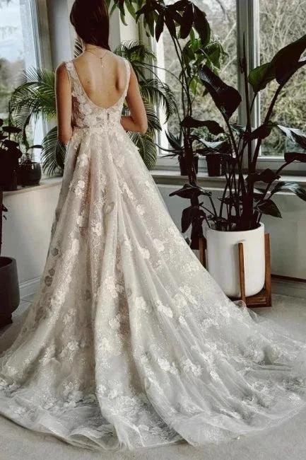 Sexy Long Ivory V-neck A-line Split Front Sleeveless Wedding Dress with Lace (ZD15563)